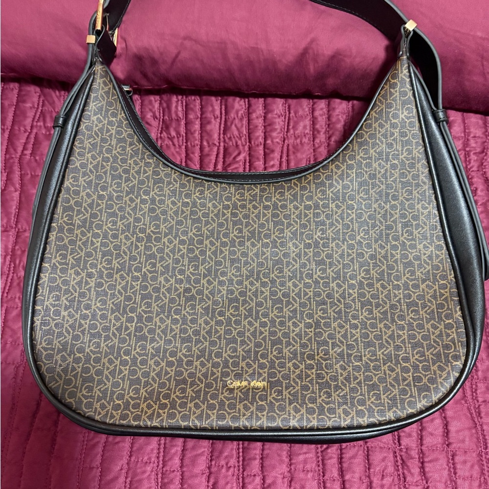 Calvin Klein Black and Brown Monogram Shoulder Bag